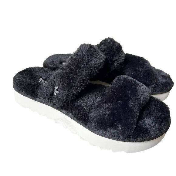KOOLABURRA BY UGG FUZZ ON FAUX-FUR SLIDE ON BLACK SANDALS - Picture 1 of 12